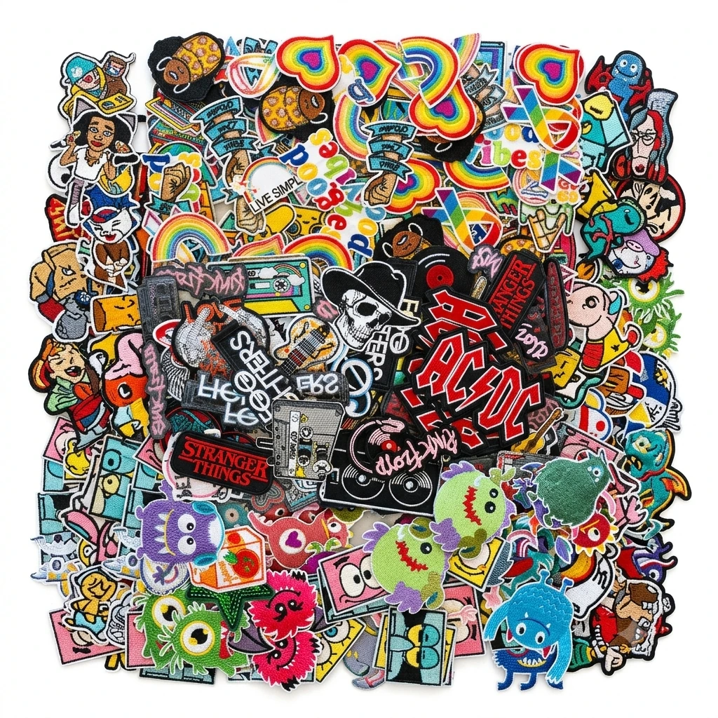 Auswahl bunter Patches mit Sternen, Kirschen, Kassette und Musikmotiven