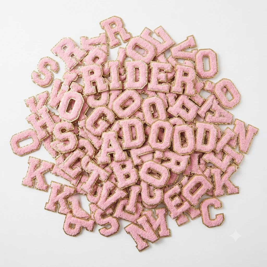 Rosafarbene Buchstaben-Patches mit goldener Umrandung