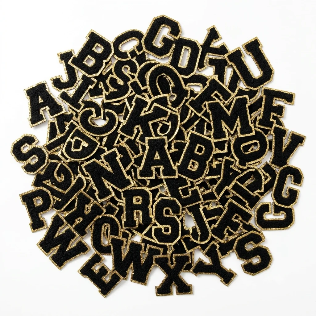 Schwarze Buchstaben-Patches mit goldener Umrandung