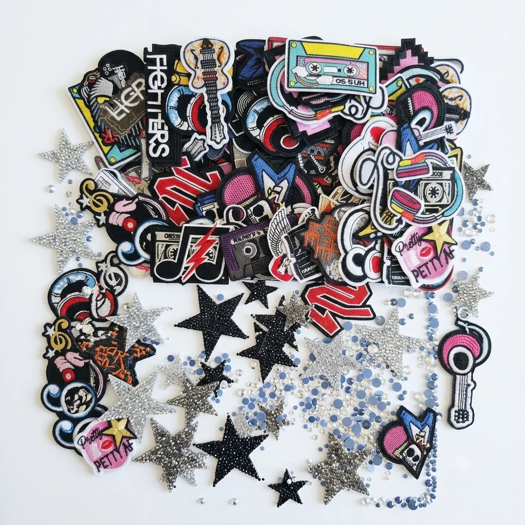 Musik-Patches mit Gitarren, Kassetten, Sternen und Strass