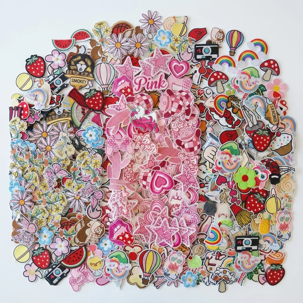 Bunte und rosafarbene Patches mit Blumen, Regenbögen und Früchten