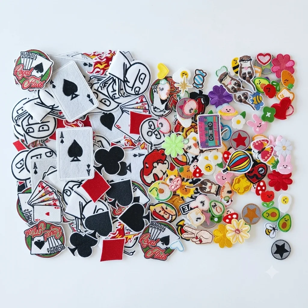 Patches mit Spielkarten, Blumen, Tieren und bunten Motiven